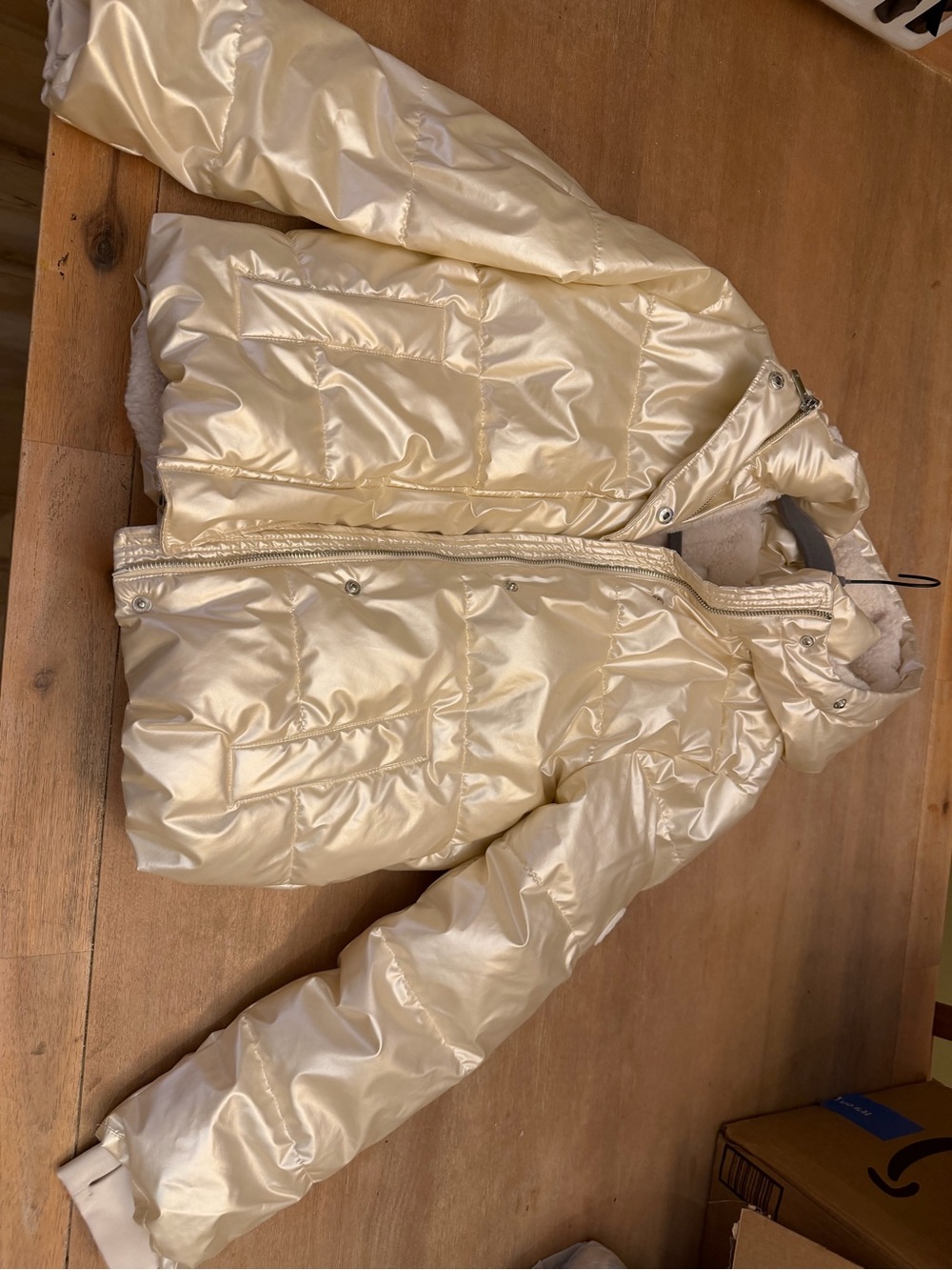 Abercrombie & Fitch Cream Shiny Puffer Jacket with Faux Fur Hood